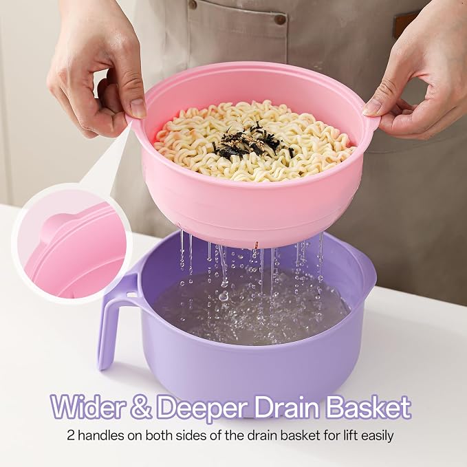 MEACOLIA Jumbo 50 oz Microwave Ramen Cooker Bowl | with Lid & Drain Strainer, Spill-Free, Rapid Noodle Pasta Cooker, College Dorm Essentials for Girls Guys, Apartment Friendly