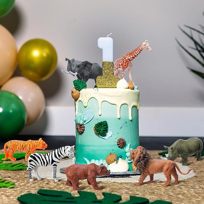 18 Pcs Jungle Animal Birthday Party Decorations Mini Birthday Hat Animal Figure Model Cake Toppers with Mini Hat for Birthday Party, Wild Animals Themed Party