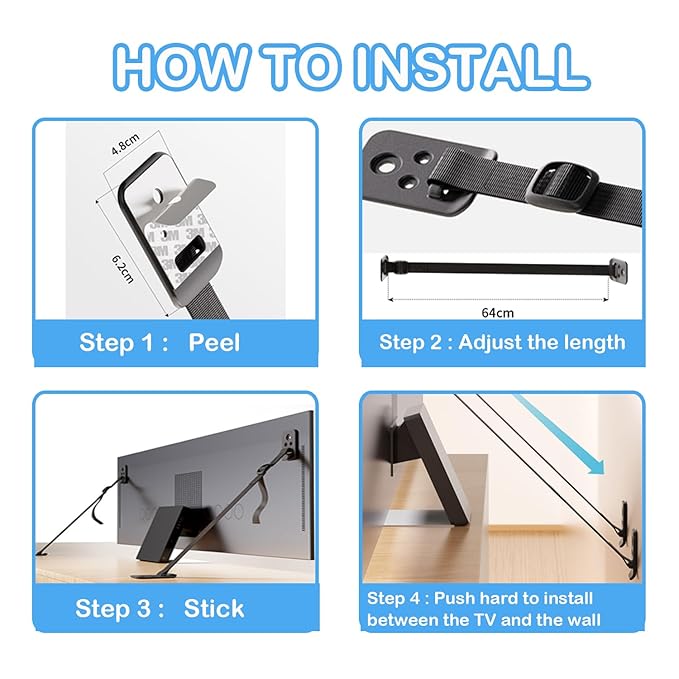 Yeya TV Safety Straps, Anti-Tip Furniture Anchors, Black, No-Drill, 2 Pack | Long, For Flat Screen, Adjustable Wall Mount, 1.5" to 25"