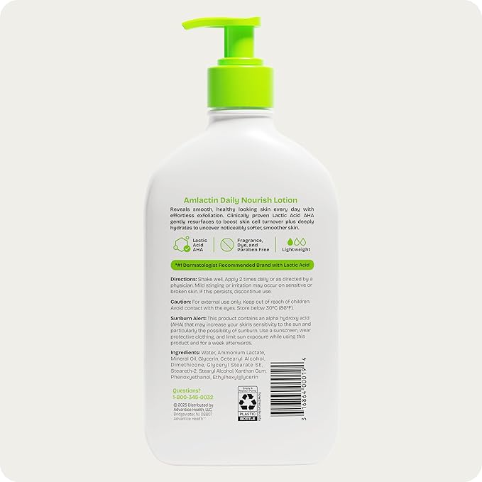 AmLactin Daily Nourish Therapeutic Body Lotion for Dry Skin - No-Scrub Exfoliator and Moisturizer 12% Lactic Acid Lotion,14.1 oz (Packaging May Vary),(Pack of 2)