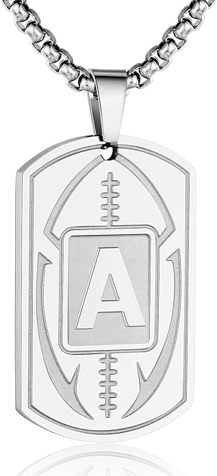 Initial A-Z Dog Tag Necklace for Men - Football Charm Pendant, Stainless Steel Chain 22+2 Inches, Personalized Sports Athletes Jewelry Gift