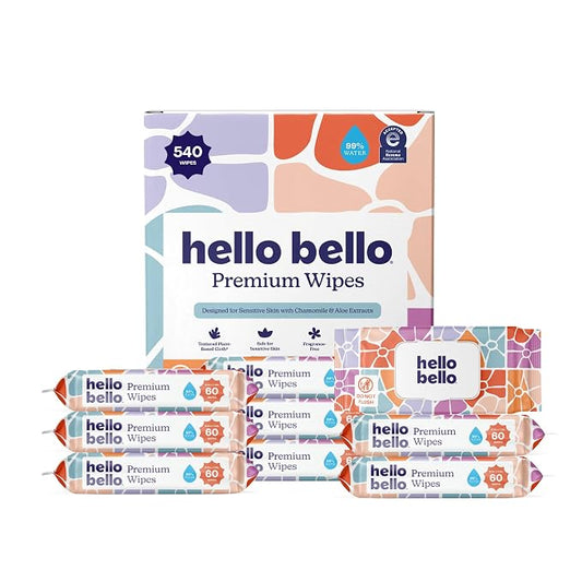 Hello Bello Premium Wipes, Designed for Sensitive Skin with Chamomile & Aloe Extracts, Flower Pop (9 Resealable Packets = 540 Total Wipes)