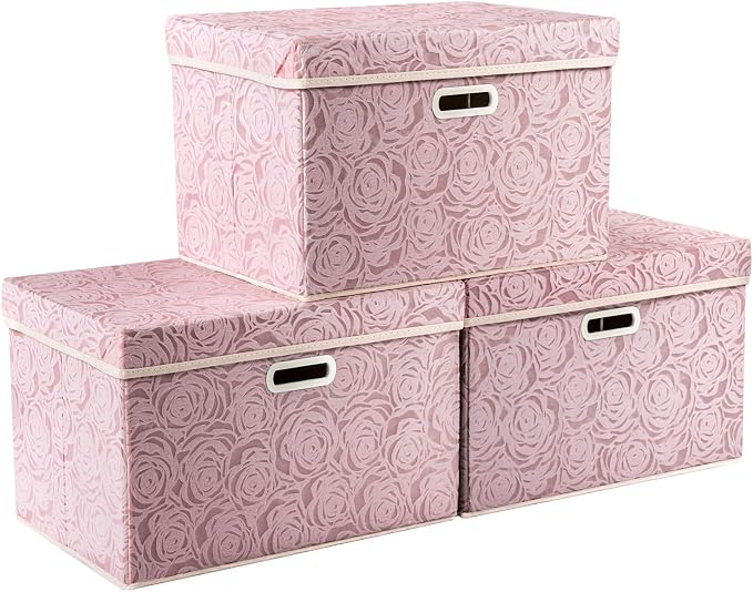 Larger Collapsible Storage Boxes with Lids Fabric Decorative Bins Cubes Organizer Containers Baskets Handles Divider for Bedroom Closet Living Room Pink 17.7x11.8x11.8 Inch 3 Pack