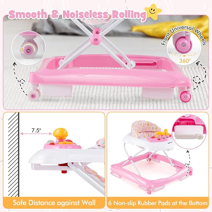 HONEY JOY Baby Walker, 5 in 1 Infant Activity Walker with Wheels, Music, Removable Cushion, Toddler Foldable Push Walker for Boys Girls, Anti-Rollover Walkers for Babies 7-14 Months (Pink)
