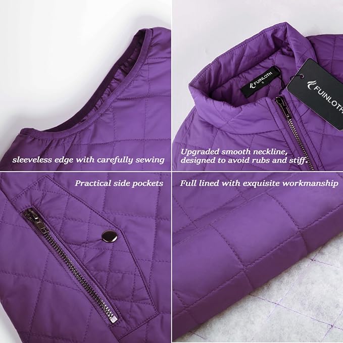 Fuinloth Women's Quilted Vest Lightweight Puffer Stand Collar Zip Gilet | 4 pockets with 2 inner storage. Quilted padded warm gilet. Fall winter outerwear layering vest for travel hiking daily wear.