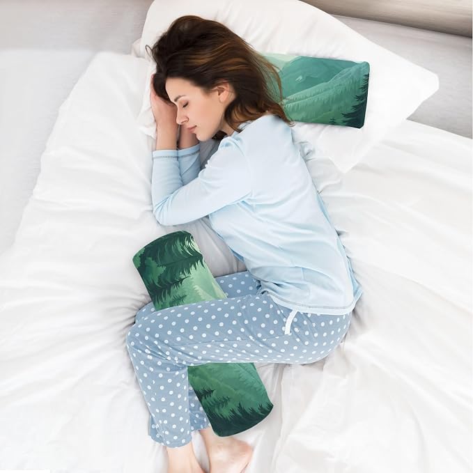 Mountain Forest Trees Green 02 Neck Roll Pillow Bolster Round Health Memory Foam Long Cervical Cylinder Pillows with Removable Washable Cover for Body Bed Legs Back Yoga