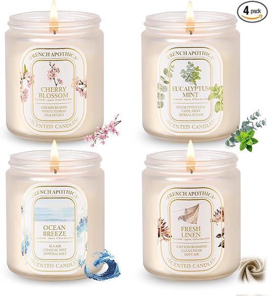 YINUO Scented Candles Gift Set – 4 Pack Natural Soy Wax Aromatherapy Candles, Eucalyptus Mint, Floral & Fresh Scents, Long-Lasting Clean Burn Candle for Home Relaxation & Birthday Gifts for Women