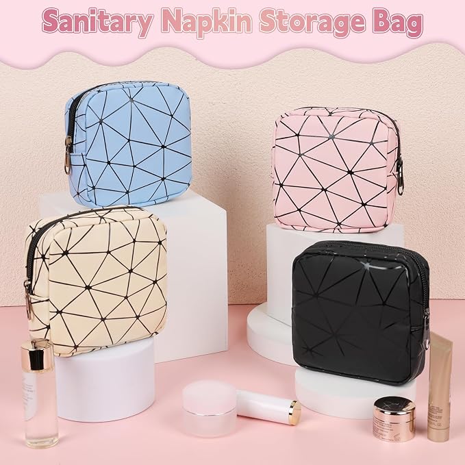 Discreet Period Bag Waterproof Geometric PU Sanitary Napkin Storage Bag Portable Menstrual Pad Pouch Cute Tampon Bag for Purse Small Makeup Bag S-Pink