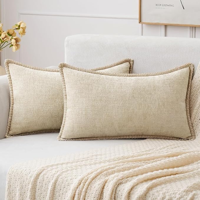 MIULEE Decorative Lumbar Throw Pillow Covers 12x20 Inch Beige 2 Pack | Neutral Farmhouse Pillow Covers with Stitched Edge, Soft Chenille Cushion Cases, for Couch Sofa Bed Living Room Home Decor