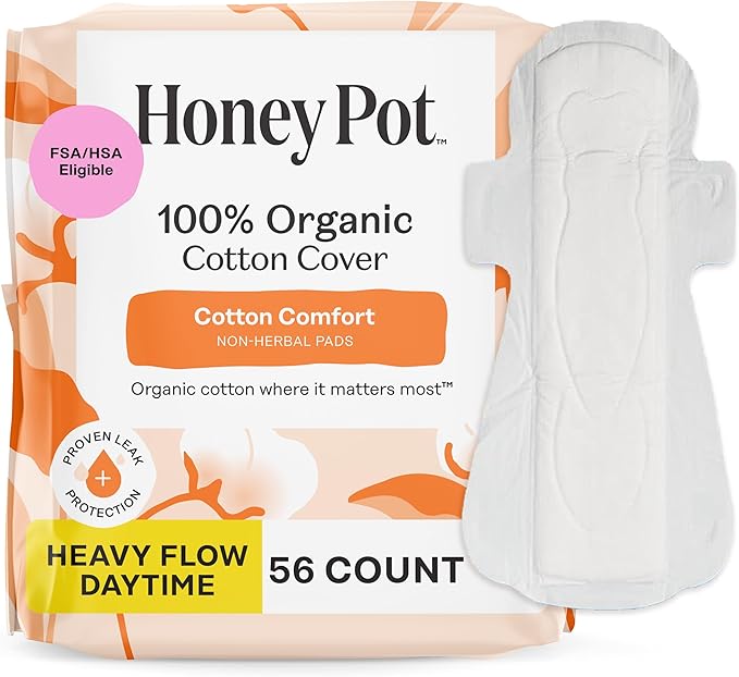 The Honey Pot Company - 56ct - Sanitary Pads for Women - Non-Herbal Heavy Flow Daytime w/Wings - Organic Cotton Cover & Ultra-Absorbent Core - Feminine Care