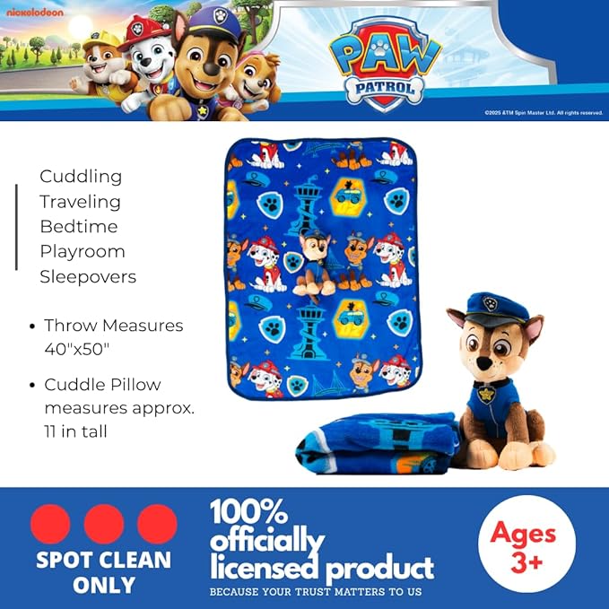 Paw Patrol Chase Kids Bedding Super Soft Plush Cuddle Pillow and Throw 2 Piece Set, 40 in x 50 in (Officially Licensed Product) by Franco