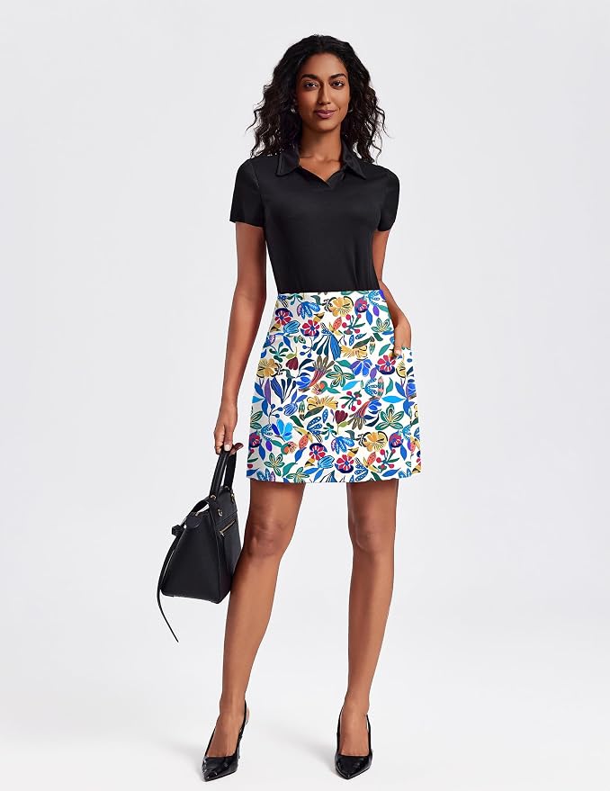 PINSPARK 19" Knee Length Skorts for Woman with Pockets UPF 50+ Golf Skirts | 4 Pockets, Built-in Shorts, High Waisted & Tummy Control, Moisture-wicking for Golf Athletic Tennis Workout Casual