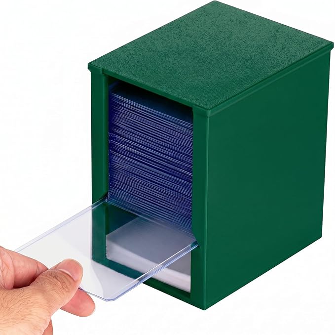 Toploader Dispenser & Penny Sleeve Holder - Dual Compartment Holds 250 Penny Sleeves & up to 50 Top Loaders, Stackable Card Storage Box with Dustproof Lid (Green)