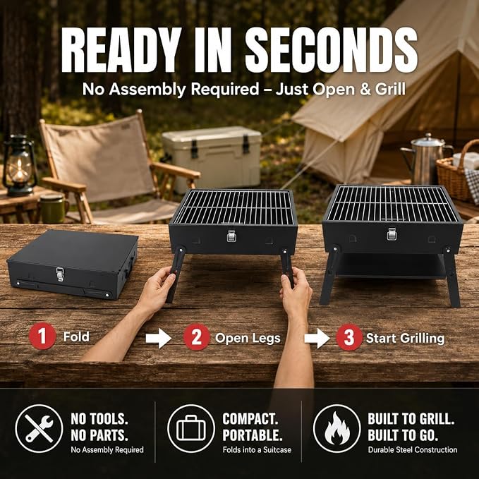 Portable BBQ Charcoal Camping Grill: Tabletop Folding Barbecue Grills | with Stainless Steel BBQ Grilling Tool Set, Fathers Day Birthday Grilling Gift for Men Dad Husband