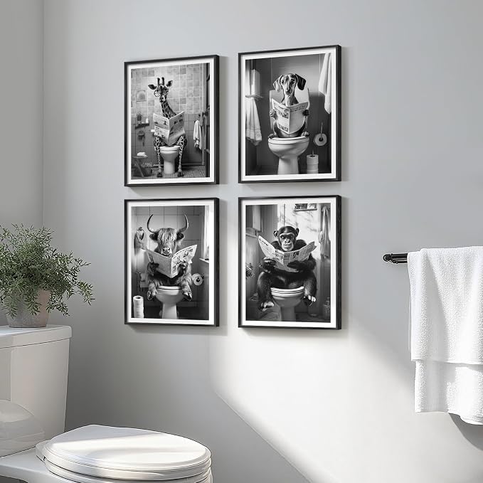 Framed Black and White Bathroom Wall Art Decor, 4 Piece Modern Animal Canvas Prints Painting Artwork, Dog Highland Cow Giraffe Sitting on Toilet Reading Newspaper Pictures for Toilet Restroom, 11x14