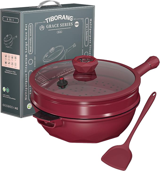 TIBORANG 11 Inch Nonstick Frying Pan with Lid,8-in-1 Multipurpose Cookware | 5 Qt Deep Sauté Pan Skillet with Steamer, PFOA-Free, Dishwasher & Oven Safe, Induction Compatible, Stay-Cool Handle,Ruby Red