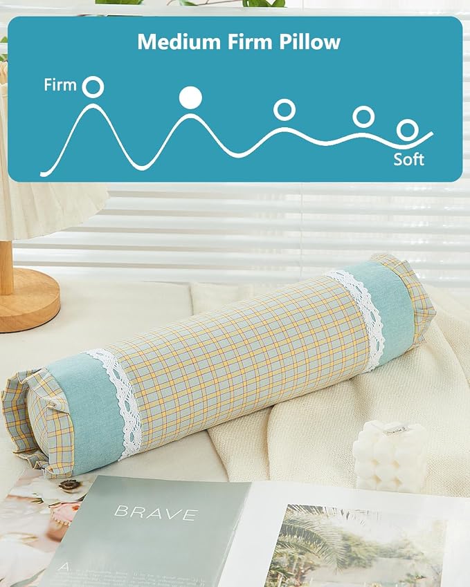 Buckwheat Cylinder Neck Pillow,15.7"x4.7" Adjustable Hull Filling for Cervical Support, Checkered Pattern Ergonomic Roll Pillow for Back/Side Sleepers, Removable Washable Cover,Blue