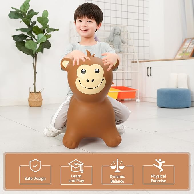 INPANY Bouncy Monkey Hopper Toys, Toddlers Inflatable Animal Hopping Horse, Bouncing Buddies, Ride on Rubber Bouncer, Outdoor Indoor Birthday Gifts Toy for 2 3 4 Yr Boy Girl, Brown
