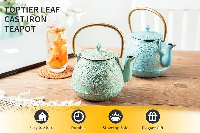 TOPTIER Tea Kettle for Stove Top, Cast Iron Teapot Stovetop Safe with Infusers for Loose Tea, 22 oz, Light Green