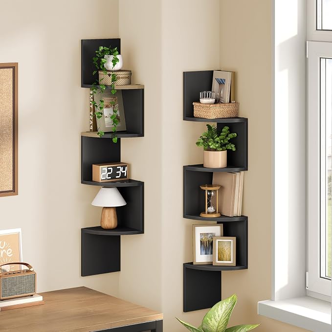 HOOBRO Corner Shelf Wall-Mounted, Set of 2 Floating Corner Shelves for Wall, 4-Tier Corner Bookshelves for Living Room, Bedroom, Bathroom, Home Office, Black BK25BJP201