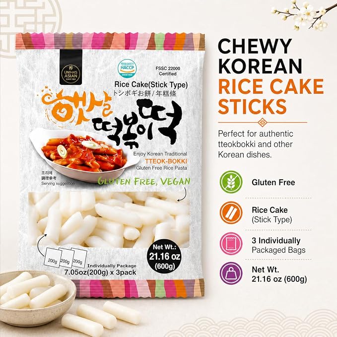 Unha's Korean Tteokbokki Garaetteok Rice Cake Sticks, 63.48 oz 3 Pack | garaetteok rice cake sticks, 9 portions, Korean tteokbokki, tteokguk soup, rabokki ramen, hot pot