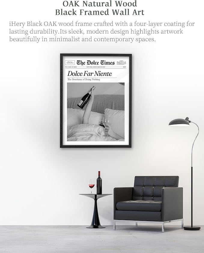 iHery 16x20in Dolce Far Niente Black Framed Newspaper Wall Art | Premium Black Natural OAK Wood Frame with Canvas Print, The Sweetness of Doing Nothing Decor for Bedroom, Living Room 1Pack