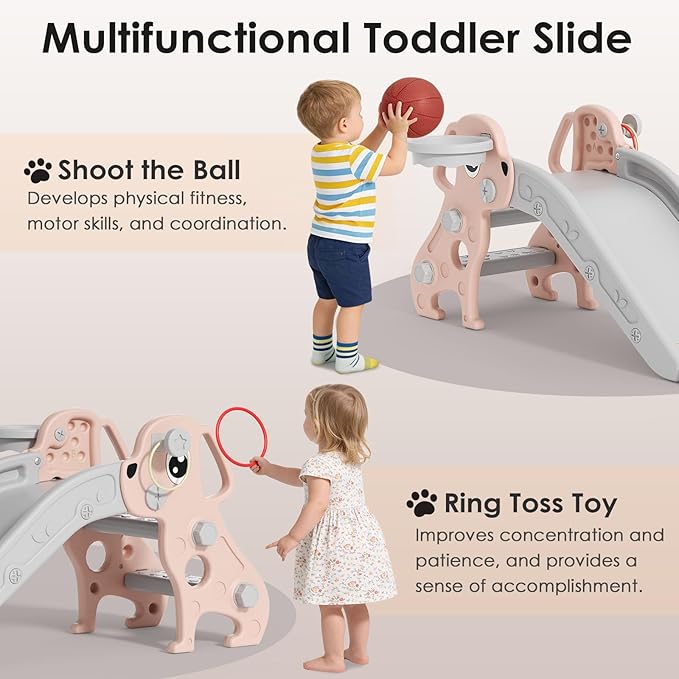 BIERUM Toddler Slide, 4 in 1 Kids Slide for Indoor Outdoor, Slide with Basketball Hoop & Ring Toss, Puppy Shaped Playset for Toddlers Age 1-3, Pink Gray