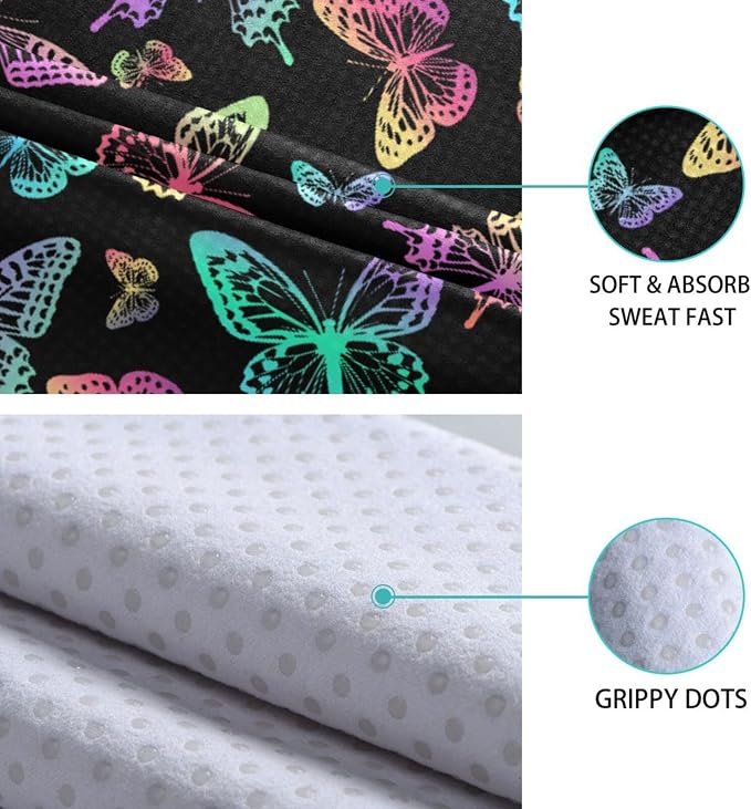 Non Slip Yoga Towel 73 x 27 in Colorful Butterfly Sweat Absorbent Yoga Mat Towel for Hot Yoga, Pilates and Workout
