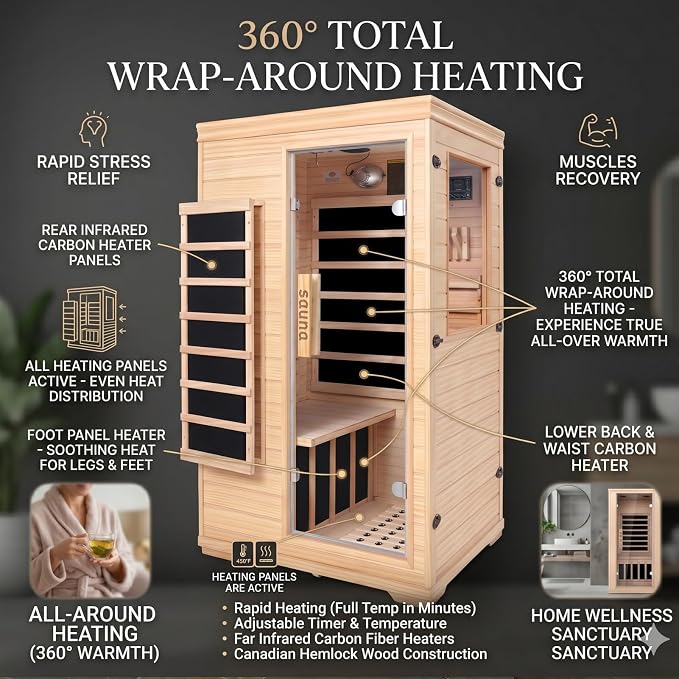 Far Infrared Home Sauna for 1 Person |1050W Low-EMF Sauna Room with Bluetooth Valentine's Day Gift for Her/Him, Wife, Husband, Couples | Canadian Hemlock Wood Indoor Spa for Bedroom, Gym, Basement