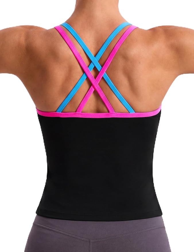 BMJL Workout Tank Tops Women Color Block Built in Bra Tops Cross Back Gym Yoga Running Shirts