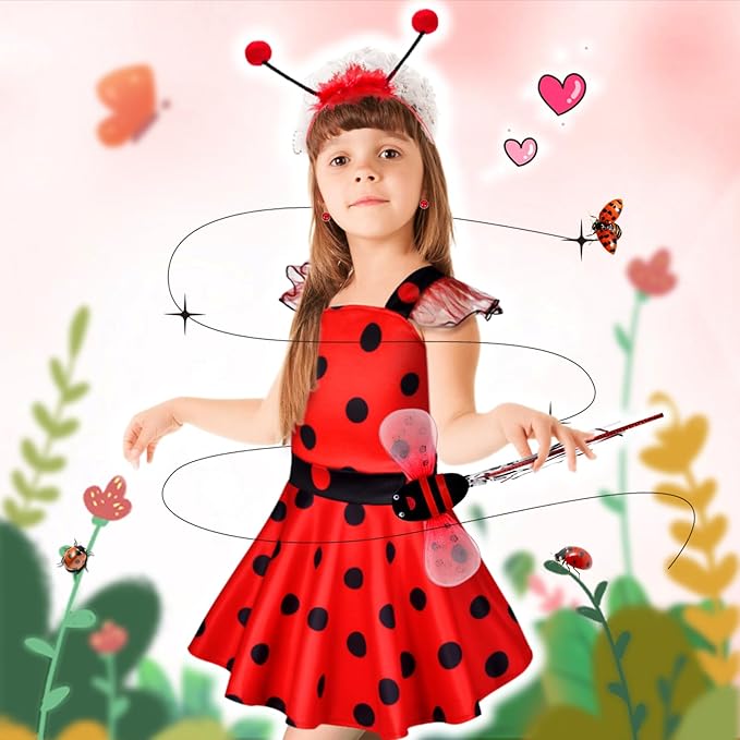 Lady Bug Dress Costume for Girls Polka Dots Tutu Dress Halloween Birthday Dress Up Pretend Play for Kids 3-8