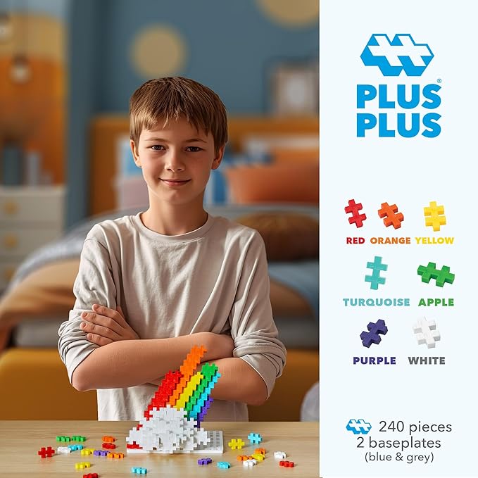 PLUS PLUS 240 Piece Interlocking Building Blocks for Kids, Open Ended Connecting Toys, STEM Bin Mini Manipulatives - Rainbow Mix Play Tube & Baseplate