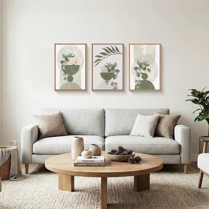 FWIEXA Sage Green Plant Canvas Wall Art Set 3, Abstract Geometric Line Botanical Framed Prints, Beige Minimalist Boho Leaf Paintings,24x36In Mid Century Modern Artwork for Living Room,Bedroom,Office