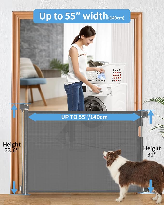Veraste (2 Pack) Retractable Baby Gate for Doorways and Stairs, Mesh Safety Gate for Pet, Indoor & Outdoor Use, One-Hand Operation, Easy Installation, 33.6" Tall, Expands to 55" Wide（Grey,33.6"x55"