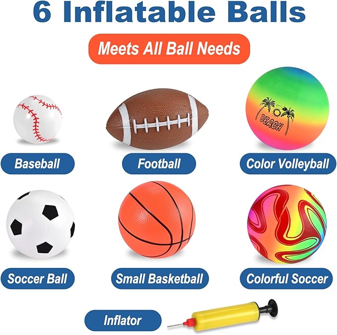 6 Pcs Outside Toys Balls for Toddlers 1-3 with Bag, Toddler Outdoor Sports Toys, Bouncy Balls Playground Beach Ball for Kids, Football Basketball Rugby Baseball Volleyball Soccer 1 2 3 4 5 Gift