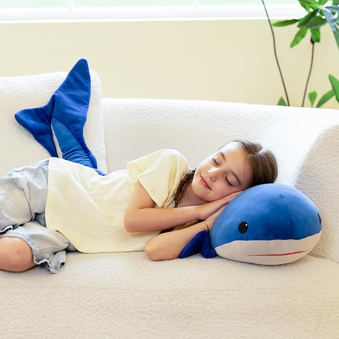 Tezituor 4ft Giant Whale Stuffed Animal, S-Shape Long Stuffed Ocean Whale Theme Plush Toy for Boys Girls, Hugging 47inches Soft Whale Plush Body Pillow for Sleeping