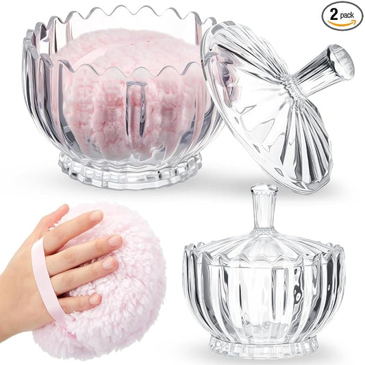 Tioncy 2 Pcs Extra Large Dusting Powder Puff and Container for Women-6'' Glass Crystal Dusting Powder Container with Body Soft Washable Reusable Velour Face(Clear,Scalloped)