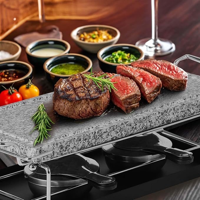Artestia Hot Stone Steak Cooking Set, Stone Plate with Tray & Rack | Natural hot stone retains heat for even cooking, keeping steak sizzling longer for restaurant-style meals at home or BBQs