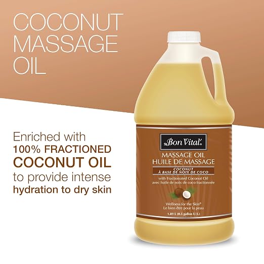Bon Vital' Coconut Massage Oil, 1/2-Gallon Container, 100% Pure Fractionated Coconut Oil for Dry Skin, Lightweight Non-Greasy, Neutral Scent, Non-Staining, for Massage Therapy & At-Home Use