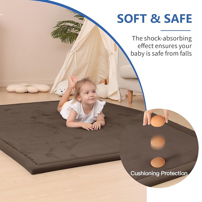 Huloo Sleep Baby Play Mat for Floor,1.3" Thick Elasti-Foam 50x50 Playpen Mat for Toddlers Infant Kids,Water-Repellent Soft Coral Velvet Tummy Time Mat,Non Slip Crawling Mat,Tatami Mat(Dark Brown)