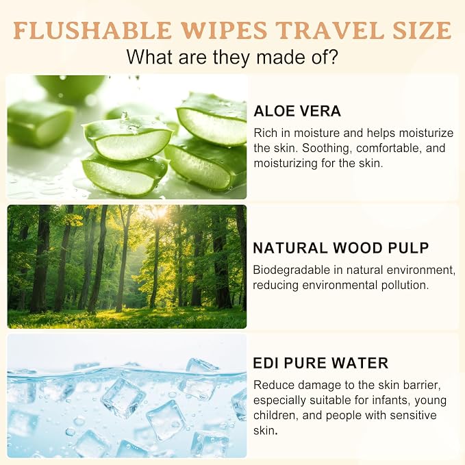 100 Flushable Wipes Travel Size Individually Wrapped for Women and Men | Unscented Wet Wipes Travel Size with Aloe Vera,Pure Water,Alcohol Free for Adult,Women,Men,Girl and Homeless(Black)