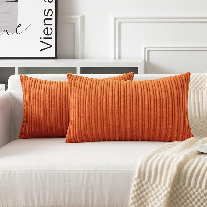 UGASA Fall Velvet 12x20 Inch Lumbar Soft Throw Pillow Cover Boho Farmhouse Decorative Corduroy Striped Both Sides Solid Rectangular Cushion Case for Couch Bedroom Sofa Home, 1 Piece, Dark Orange
