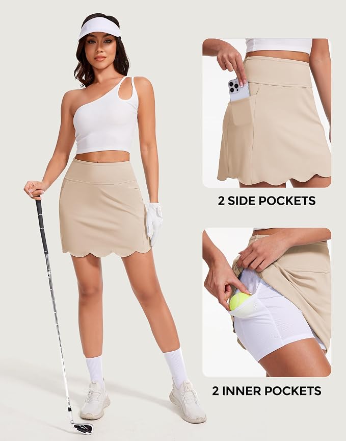 Skorts for Woman with Pockets 16" Golf Athletic Skirts Scalloped Hem Tennis Skirt Dressy Casual