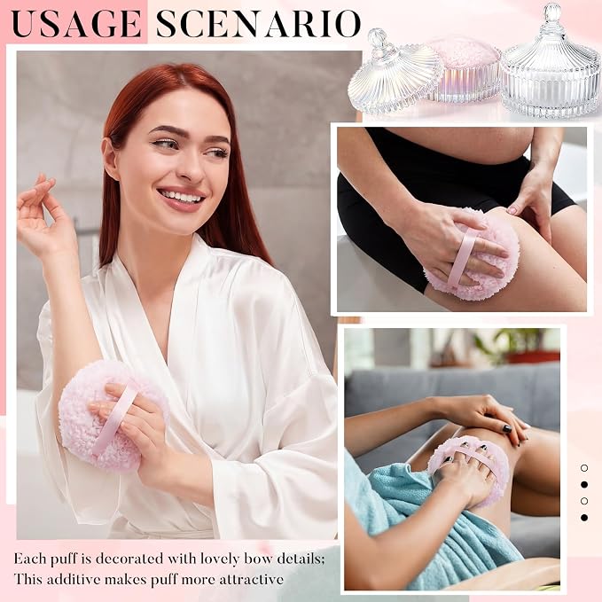 Tioncy 2 Set Extra Large Body Powder Puff and Container, 6'' Washable Vintage Decorative Crystal Powder & Container Gift for Bathroom Counter & Feminine Vanity Decor(Classic,Dazzling and Clear)