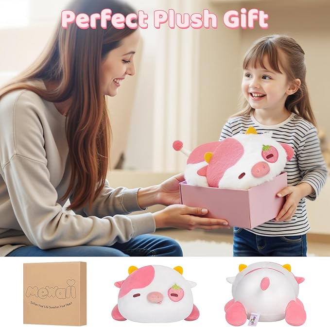 Cute Strawberry Cow Plush Pillow, Kawaii Plushies Strawberry Cow Stuffed Animals, Squishy Plushies, Cuddle Plush Pillow for Kids & Girls (13 Inch)