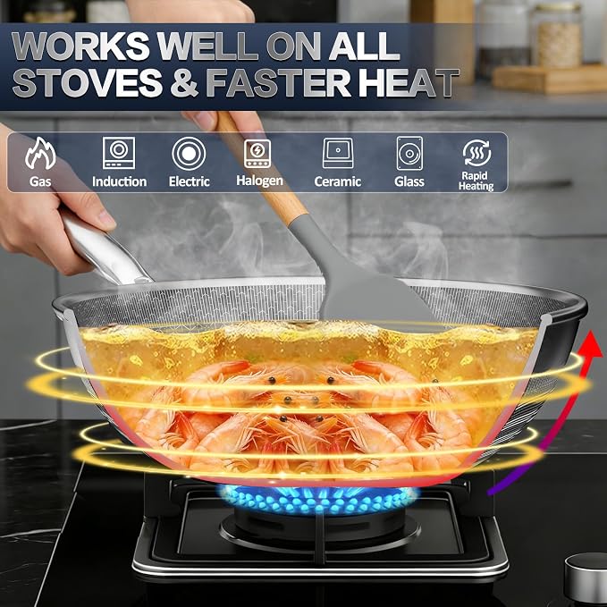 Woks & Stir-fry Pans Nonstick - Hybrid 304 Stainless Steel Wok 10.8" Non Stick Wok Pan with Lid for Induction, Electric, Gas, All Stoves, PFOA Free Cookware, Dishwasher and Oven Safe