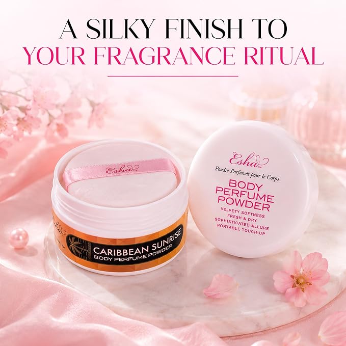 Esha Body Perfume Powder - Fragrance Body Dusting Powder for Women - Long Lasting Silky Lightweight Formula - Helps Absorb Moisture & Oil (Caribbean Sunrise)