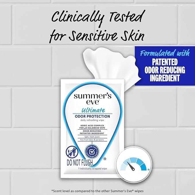 Summer’s Eve Ultimate Odor Protection Feminine Cleansing Wipes, On the Go Intimate Body Wipes, Individually Wrapped, with Boric Acid Complex, pH Balanced, 12 Count (Pack of 6)