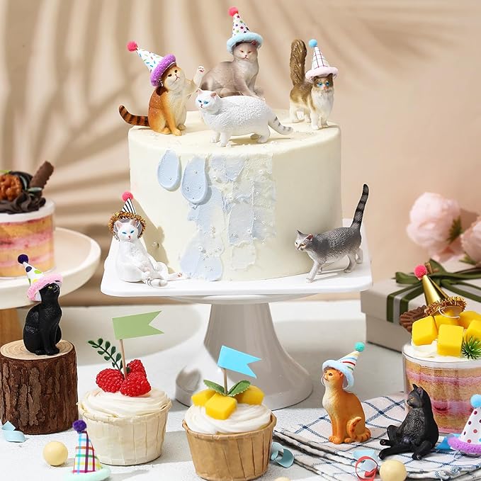 18 Pcs Cat Birthday Party Decorations Mini Birthday Hat Animal Figure Model Cake Toppers with Mini Hat for Birthday Party, Animals Themed Party