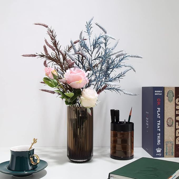 Small Cylinder Ribbed Brown Glass Flower Vase for Farmhouse Dining Table Centerpieces Decor